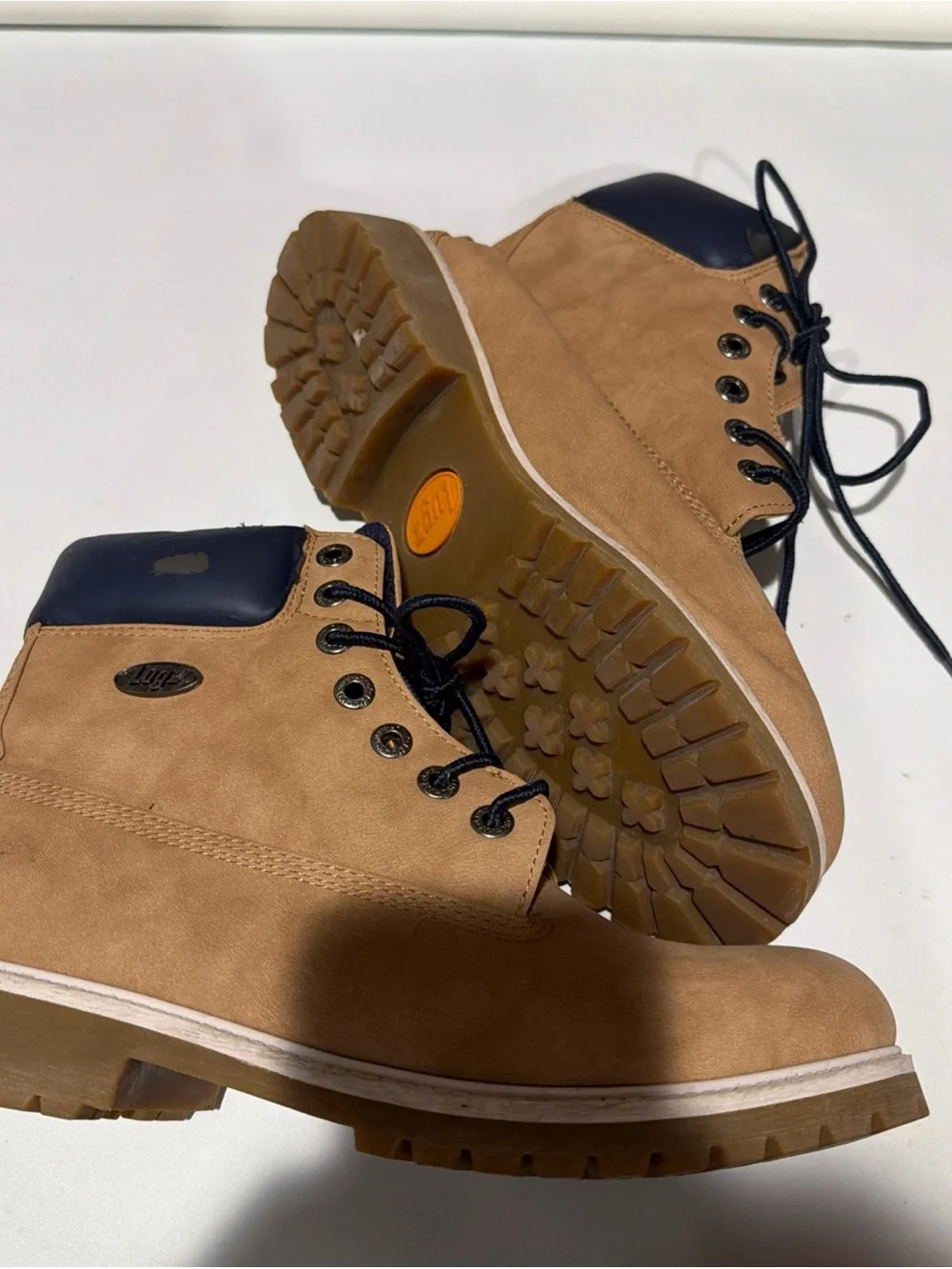 Lugz Tan Work Boots with Navy Collar